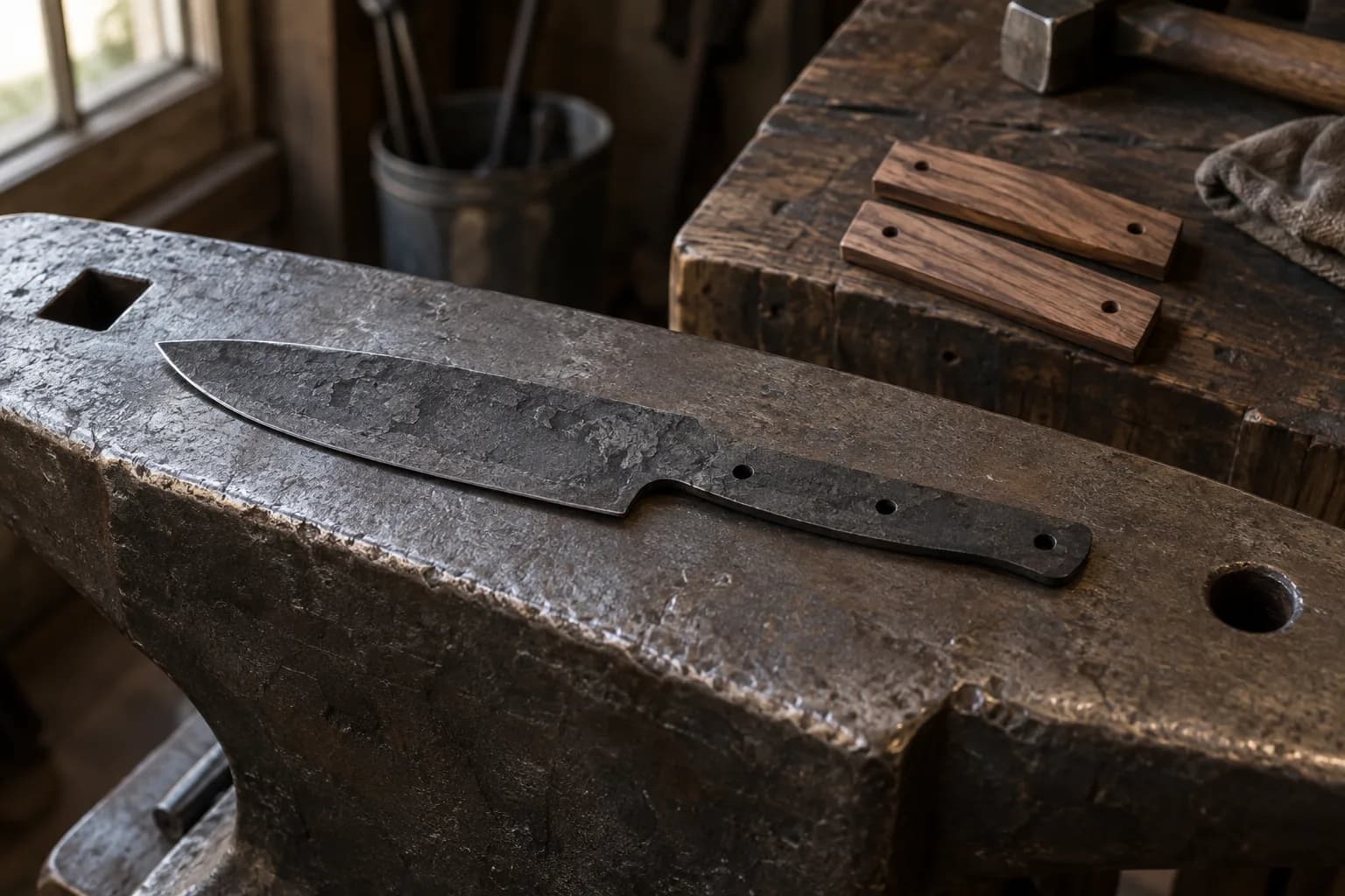 Cold forged knife blank with a tang resting on an anvil face, with two wooden handle scales on a bench nearby.