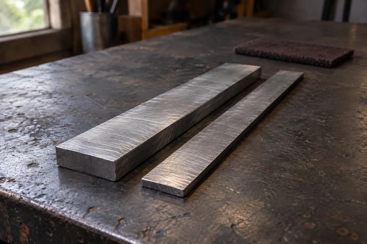 Thick ground steel bar and a thinner steel strip lying side by side on a scarred bench, with an abrasive pad behind.