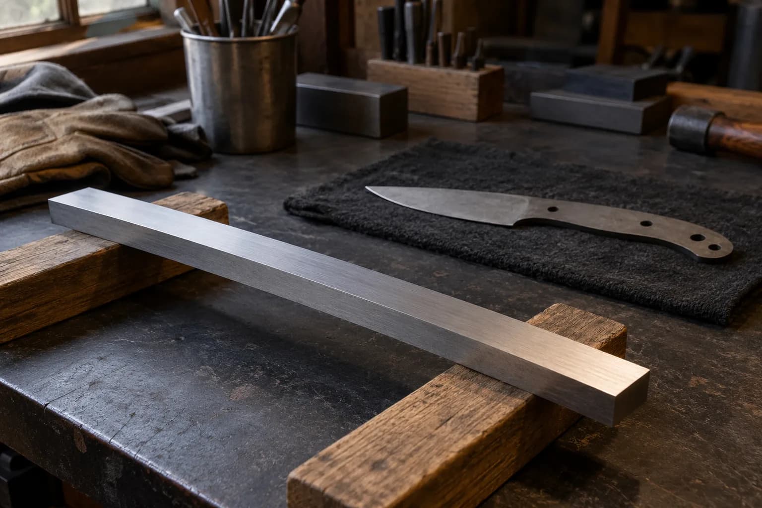 Square-ended ground steel flat resting on two wooden battens on a dark bench, a knife blank on a cloth beyond.