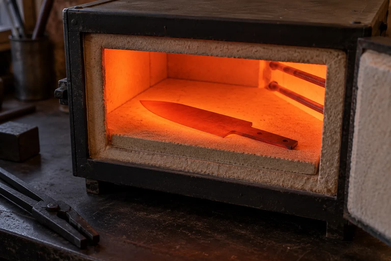 Plain knife blank glowing orange-red, lying flat on the ceramic floor of an electric kiln, tongs on the bench.