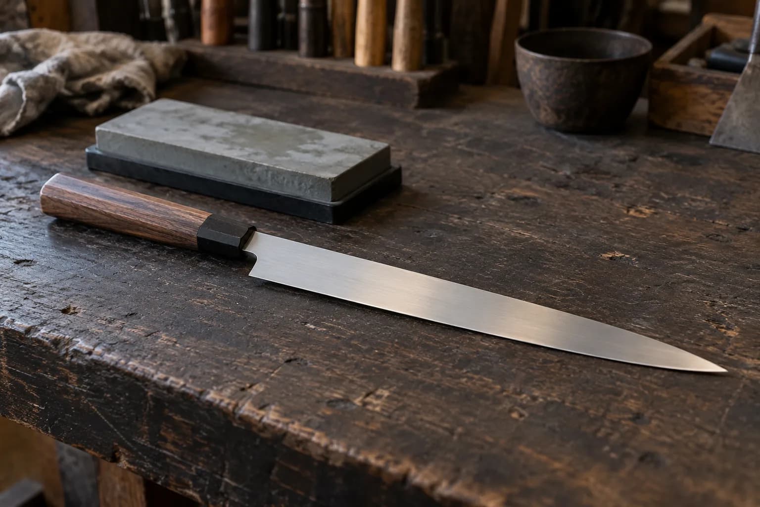 Thin satin-finished slicer with an octagonal rosewood handle lying flat on a worn dark bench beside a sharpening stone.