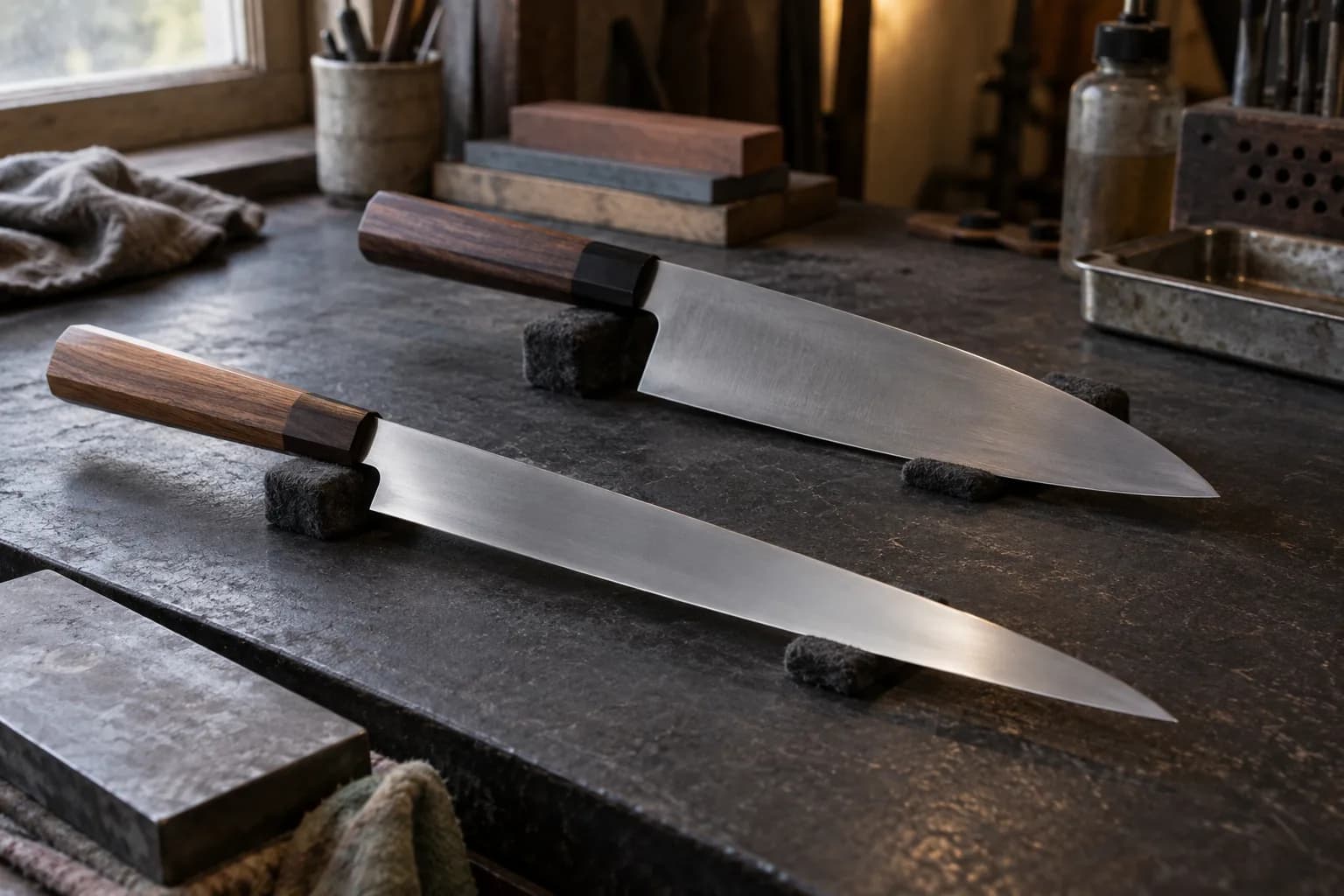 Slender slicer and broader kitchen knife with octagonal wood handles resting on separate felt blocks on a dark bench.