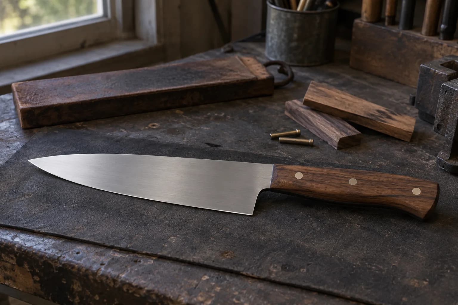 Finished chef's knife with a pinned walnut handle and satin planar-ground blade lying flat on a dark pad in a small shop