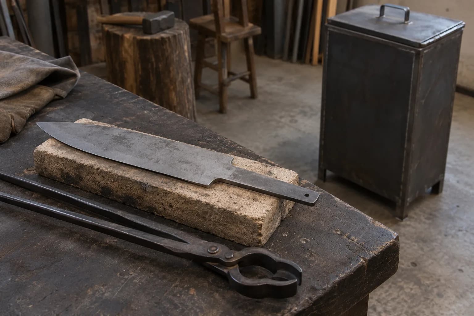 Cold chef-knife blank on a firebrick beside long forge tongs, with a closed steel quench tank behind on the shop floor