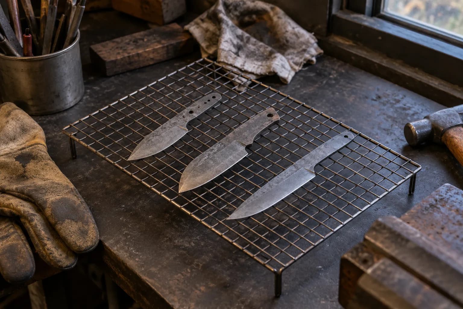 Three plain unfinished knife blanks with pin-hole tangs lying apart on a legged wire rack on a dark workbench