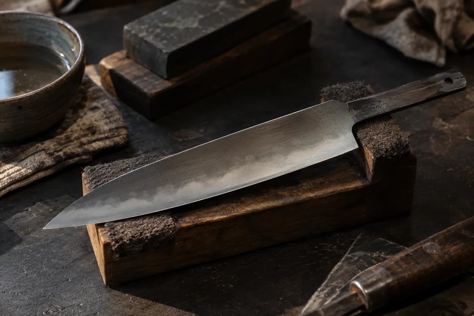 Polished carbon blade lying flat on a felt-lined wooden cradle with a soft cloudy hamon above the edge