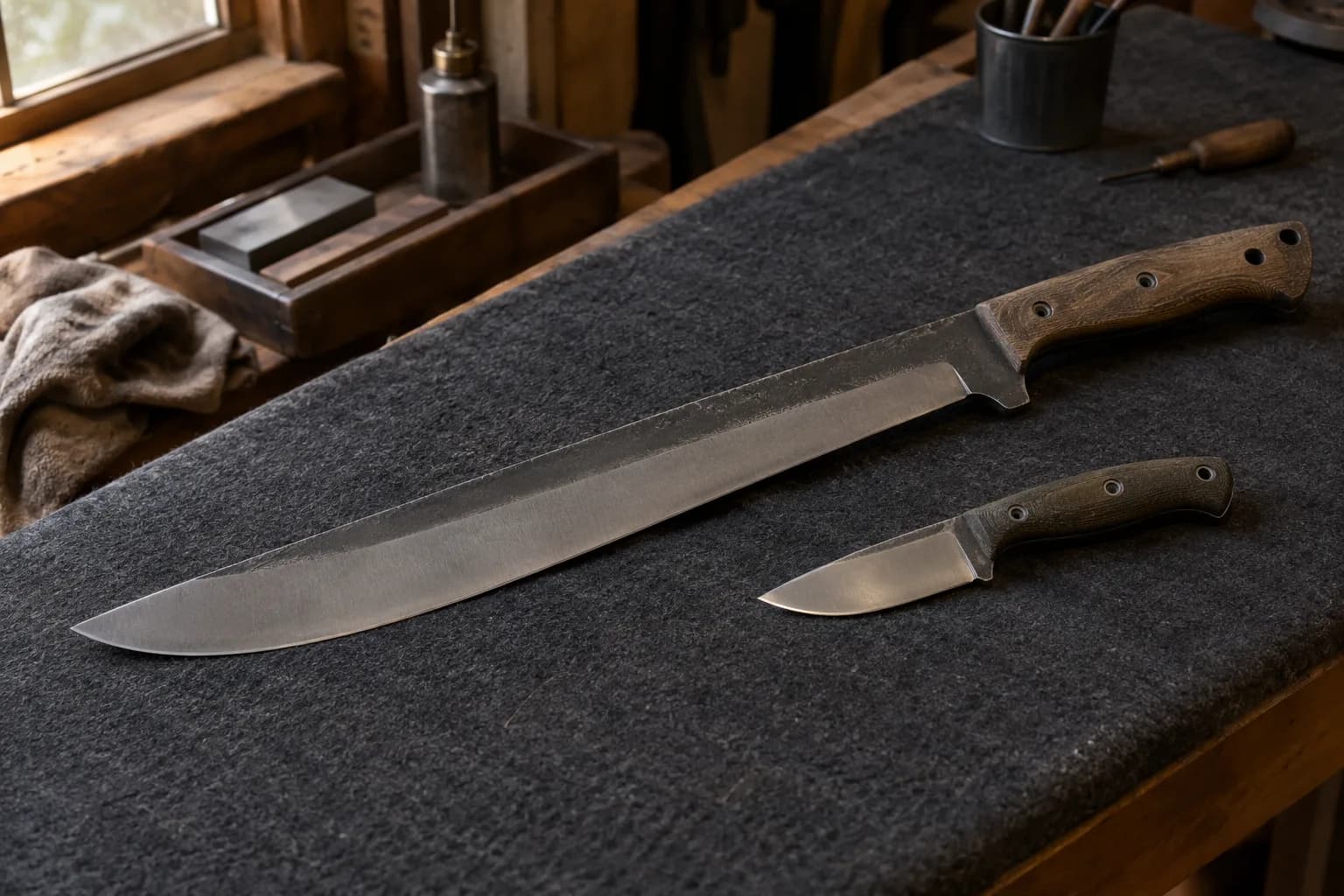 Long broad machete and a small drop-point knife with dark handles lying at angles on a charcoal felt bench.