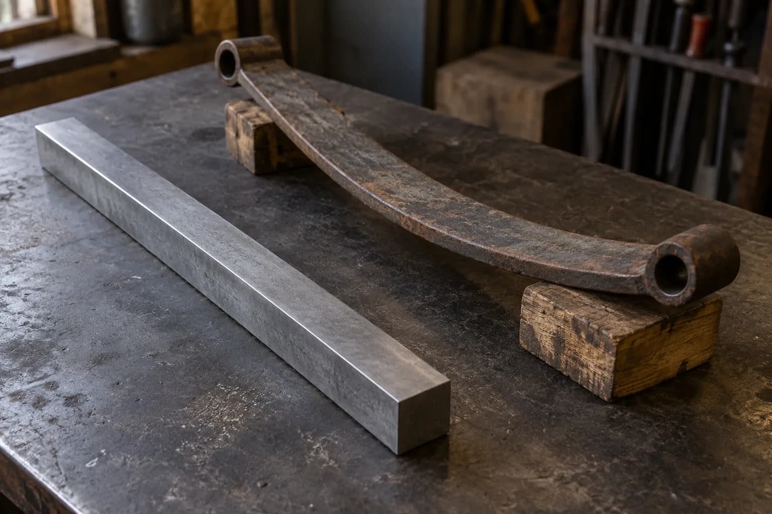 New square-edged steel bar on a dark bench beside a rusty curved leaf-spring segment with rolled eyes propped on two wooden blocks.