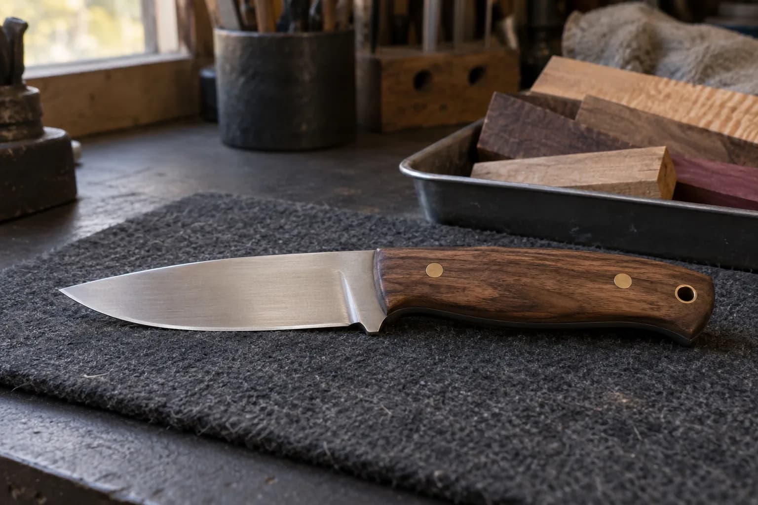 Compact drop-point hunting knife with walnut handle and brass pins on charcoal felt, handle-wood blocks in a tray behind