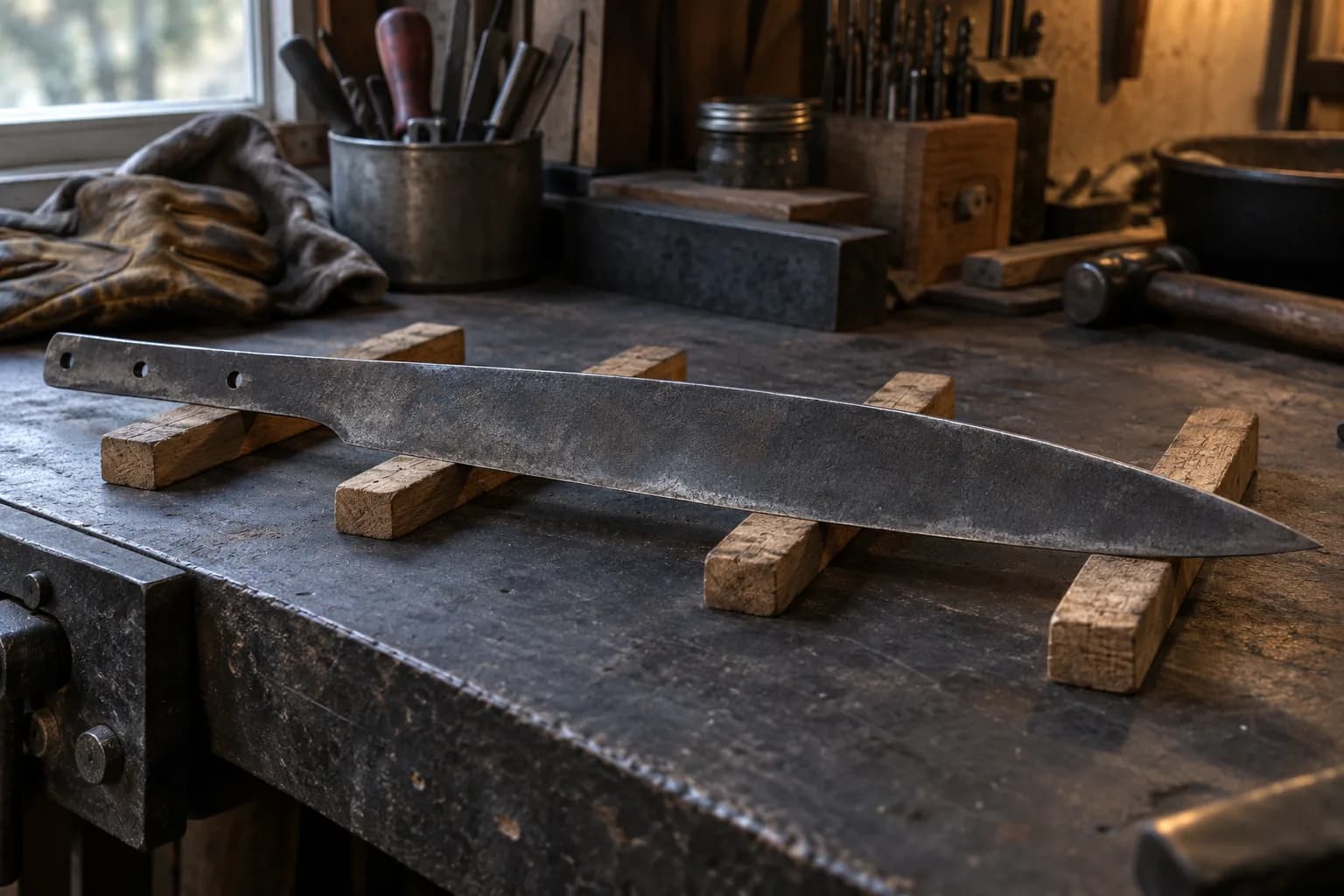 Long rough forged blade blank with a three-hole tang lying across wooden battens on a dark steel bench.