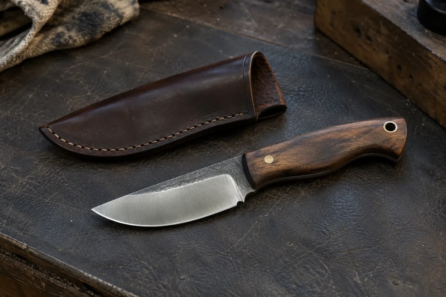 Small curved-belly skinning knife with a walnut handle lying flat beside an empty stitched leather sheath on a dark bench.