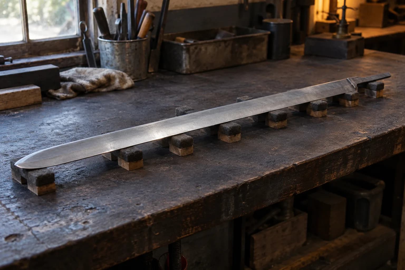 Long blunt sword blank with a rounded tip resting on padded wooden blocks along a worn workbench.