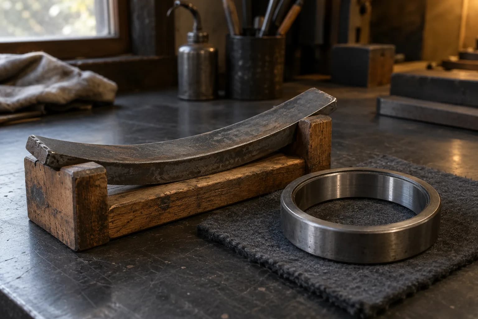 Short curved leaf-spring segment in a wooden cradle beside a plain steel bearing race on a gray felt pad.