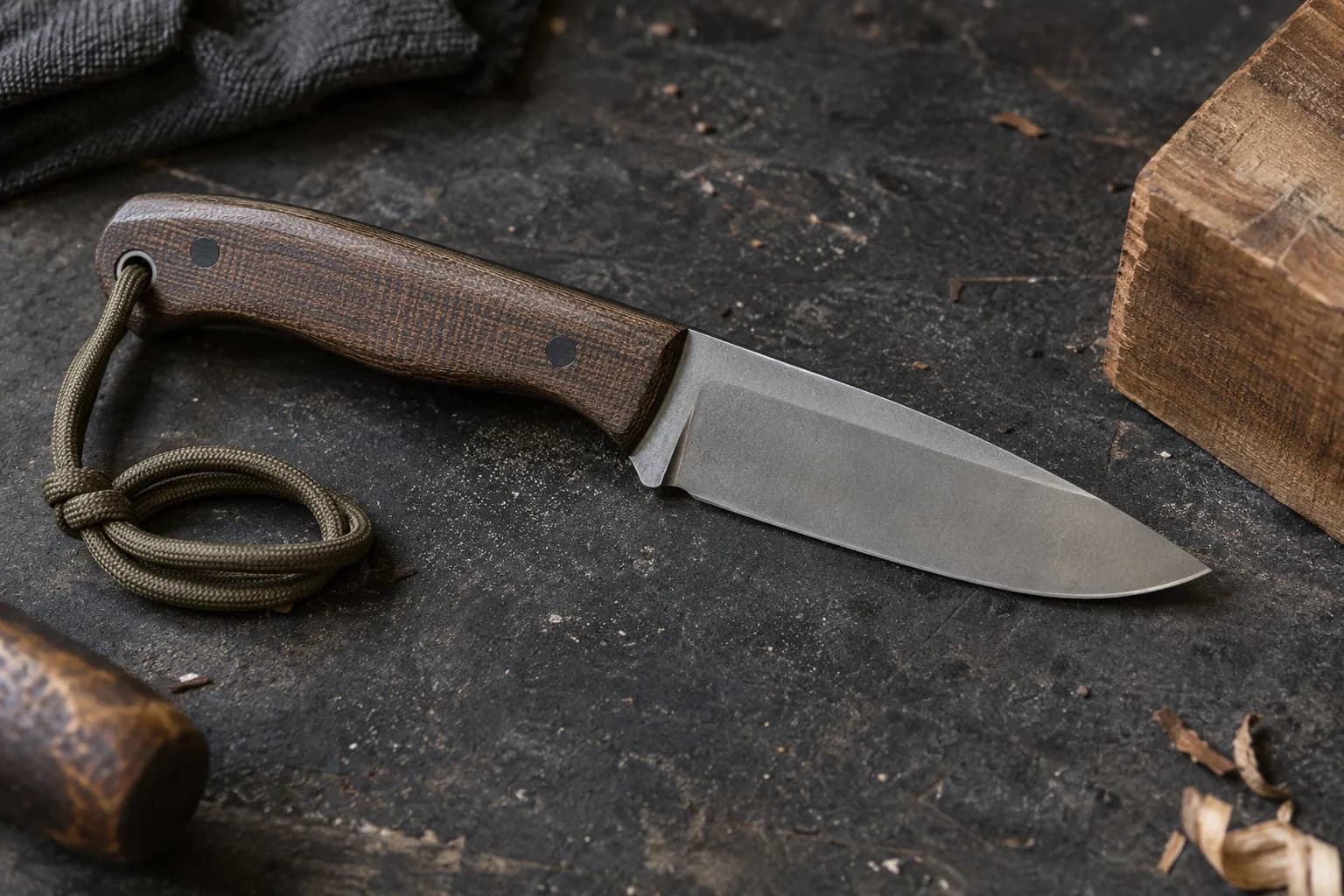 Stonewashed drop-point camp knife with a dark micarta handle and olive cord lanyard lying flat beside a hardwood block