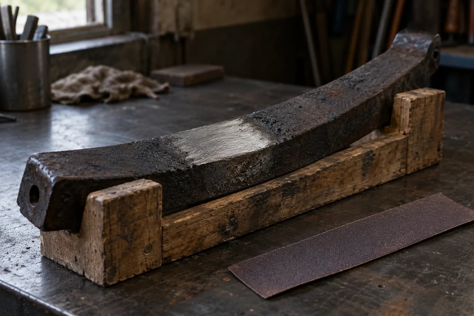 Scaled curved spring steel segment in a wooden cradle with one ground-bright patch and an abrasive strip beside it