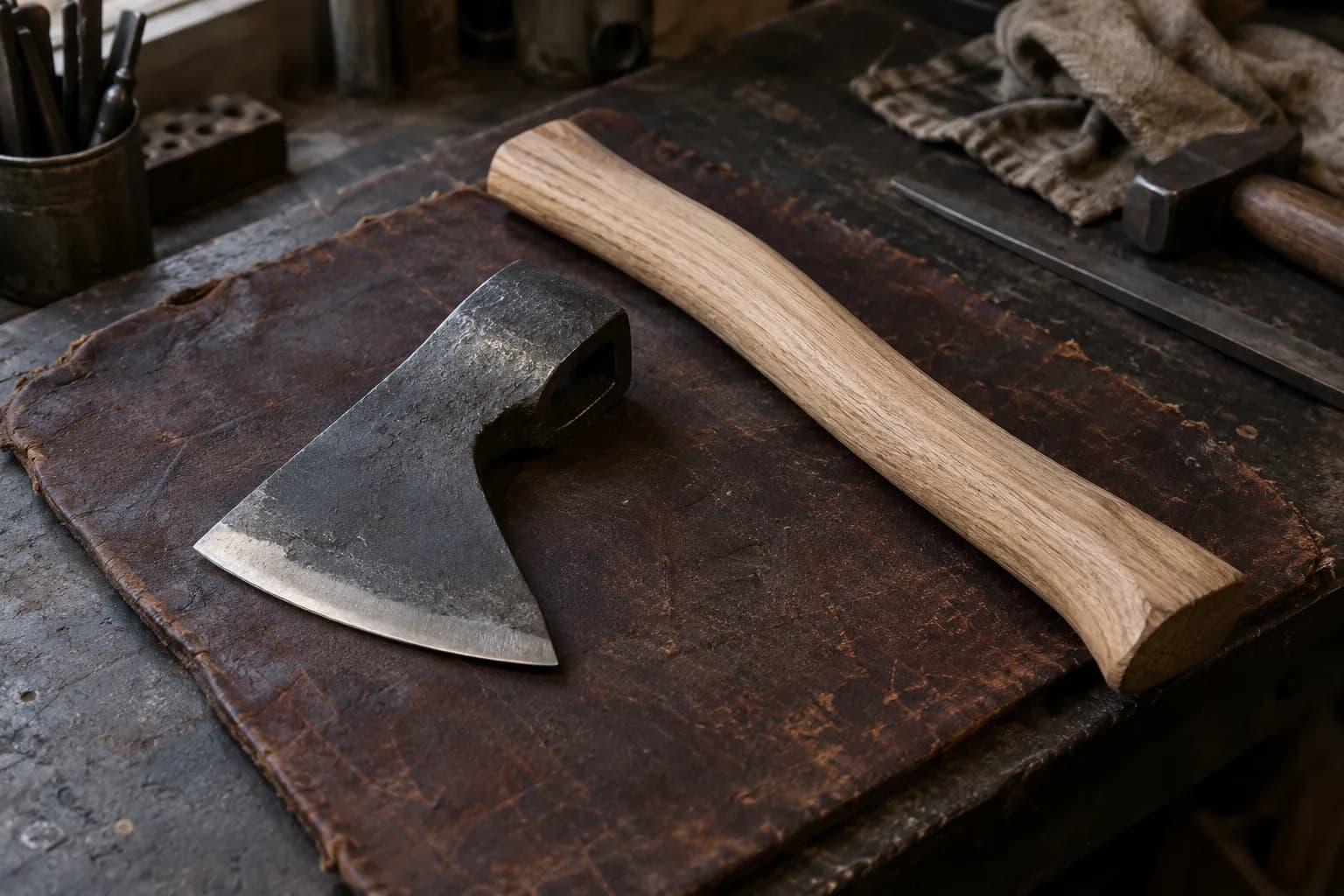 Forged axe head lying on a worn leather pad beside an unfinished oak handle, with a hammer and file at the edge
