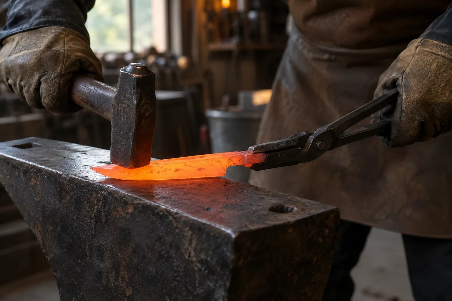 Gloved smith forging a glowing orange knife blank on an anvil, held by long tongs as a hammer strikes its broad face