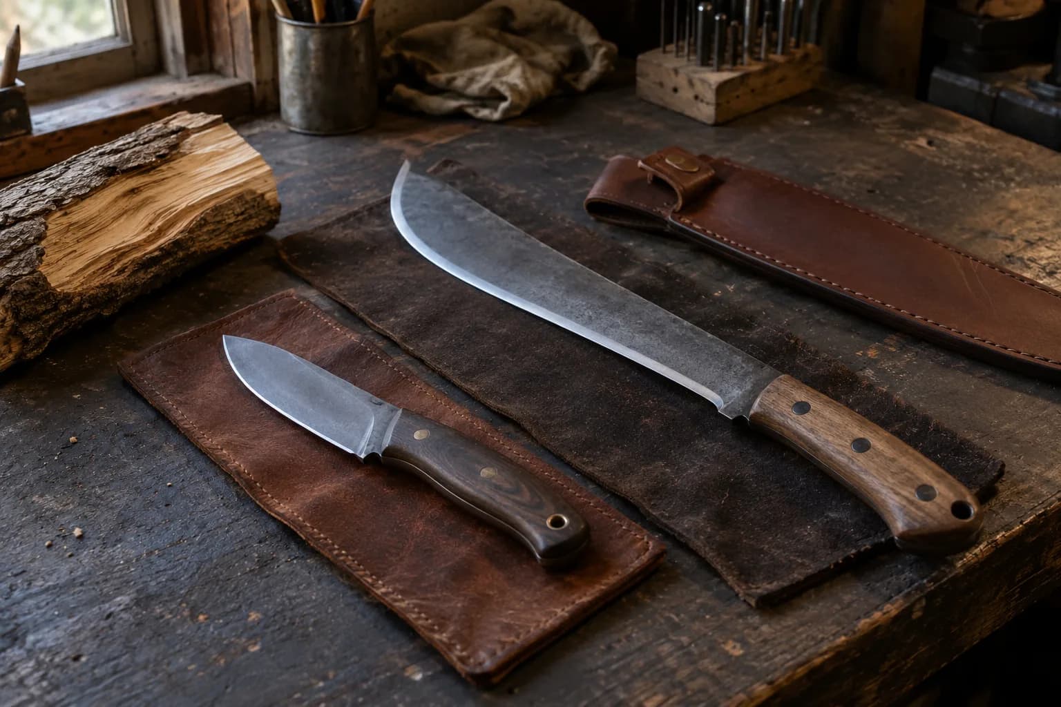 Camp knife and machete lie on leather pads on a dark bench beside a split log and a brown leather sheath.