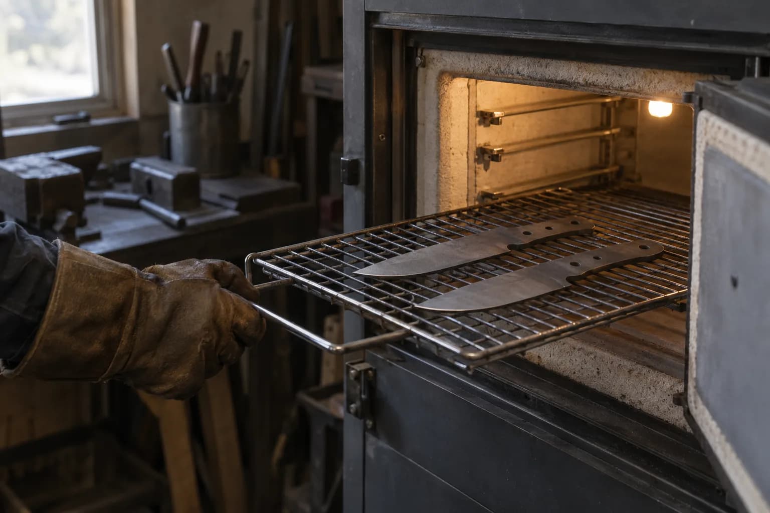 Gloved hand pulls a wire rack out of an open shop tempering oven, holding two matte gray unhandled knife blanks.