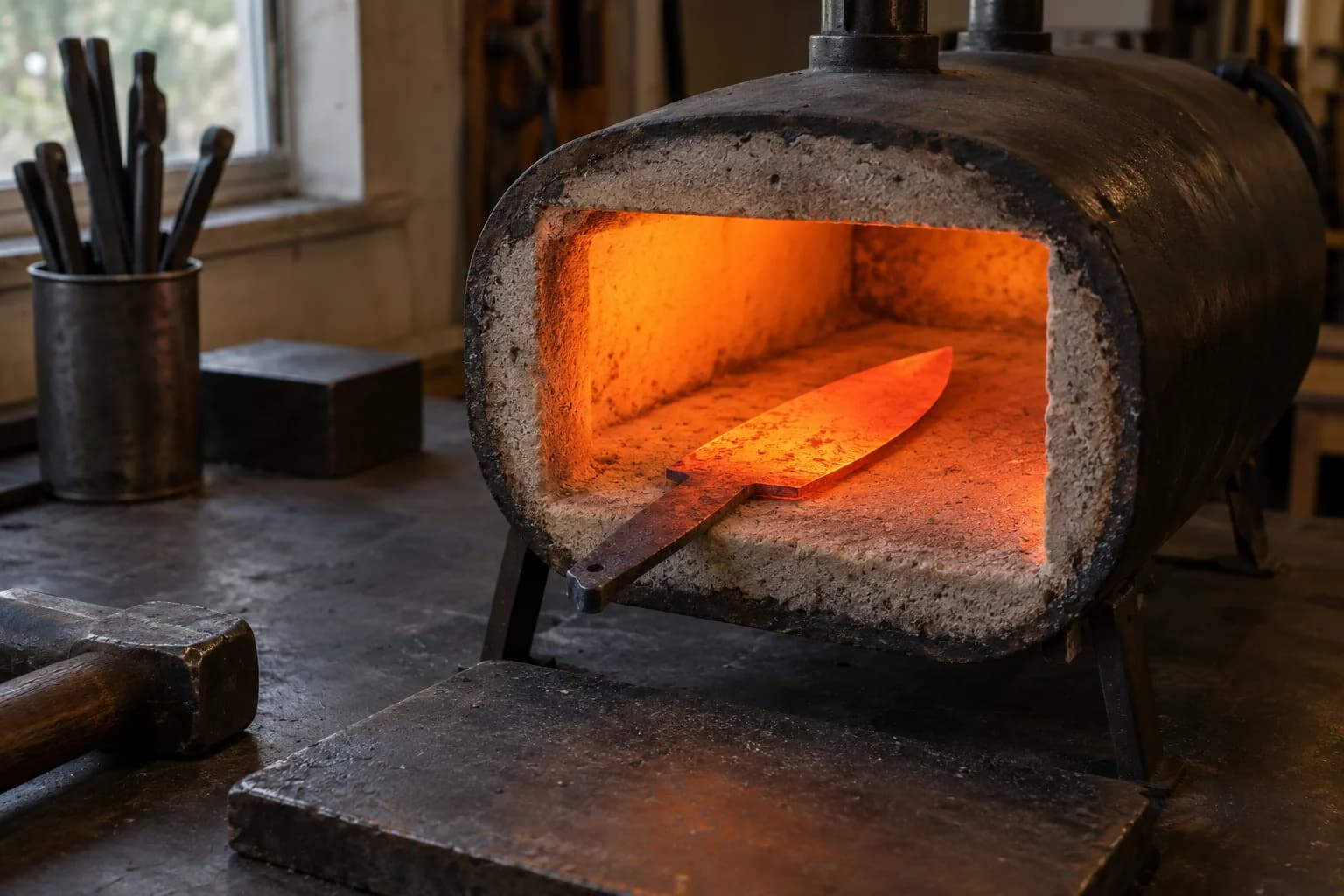 Rough blade blank lies flat and glowing orange-red on the hearth of a compact forge, its tang resting at the mouth.