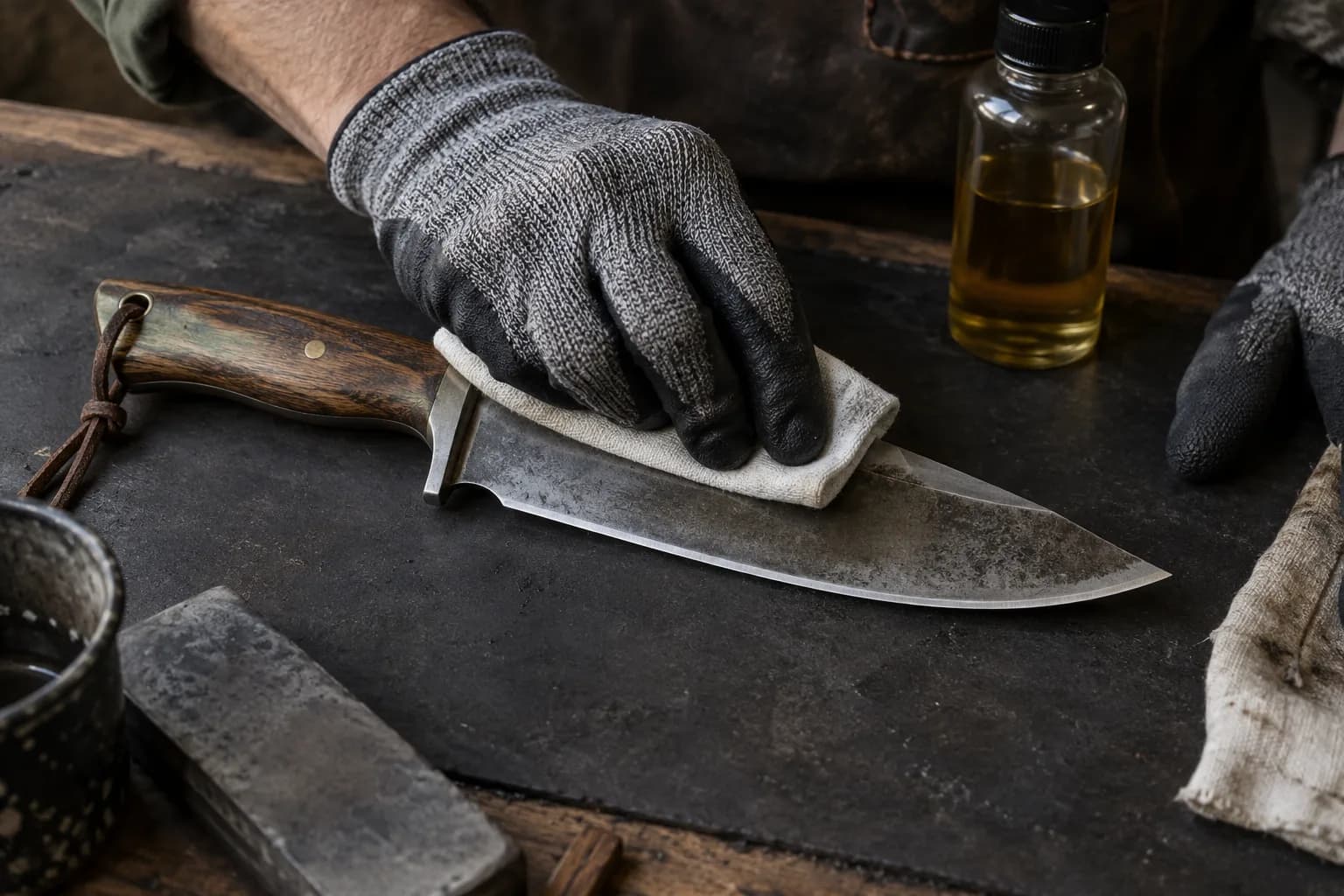 Gloved hand wipes oil along the flat of a gray-patinated knife on a dark pad, with an oil bottle behind.