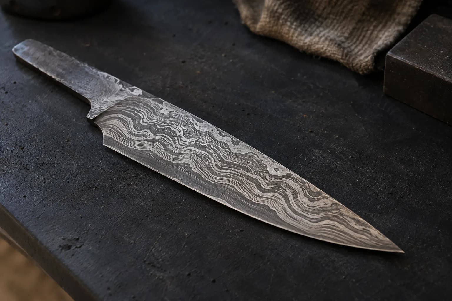 Etched pattern-welded knife blade with fine silver and dark steel layers lying on a dark bench beside a shop rag.
