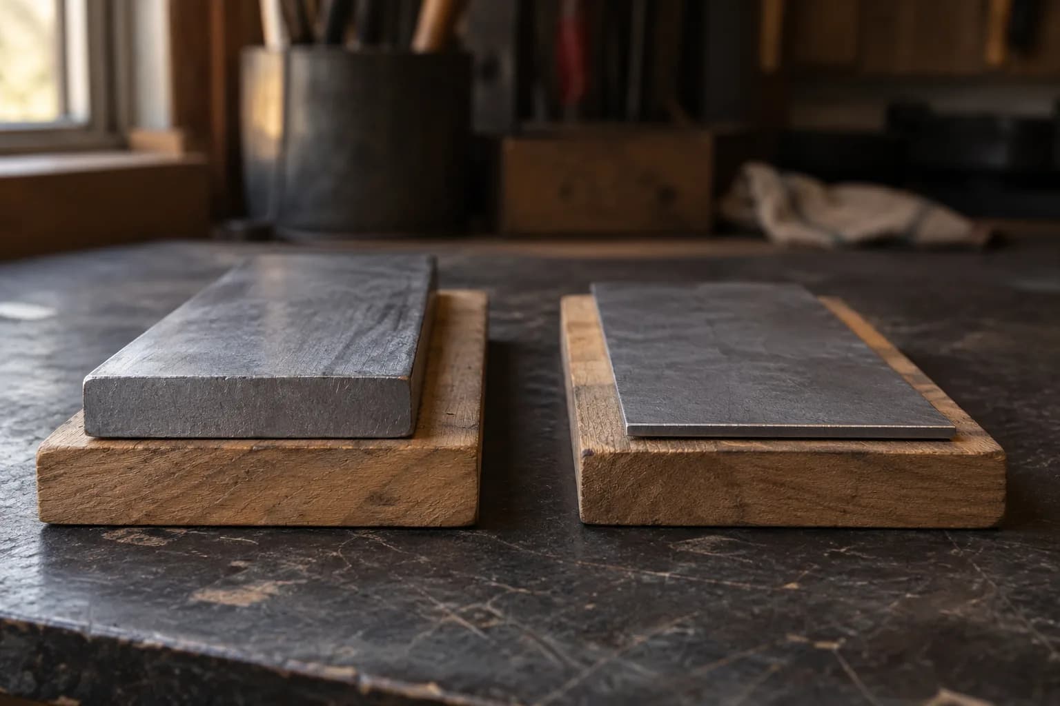 Thick steel flat and thin steel sheet side by side on wooden blocks, cut edges facing the camera on a dark bench.