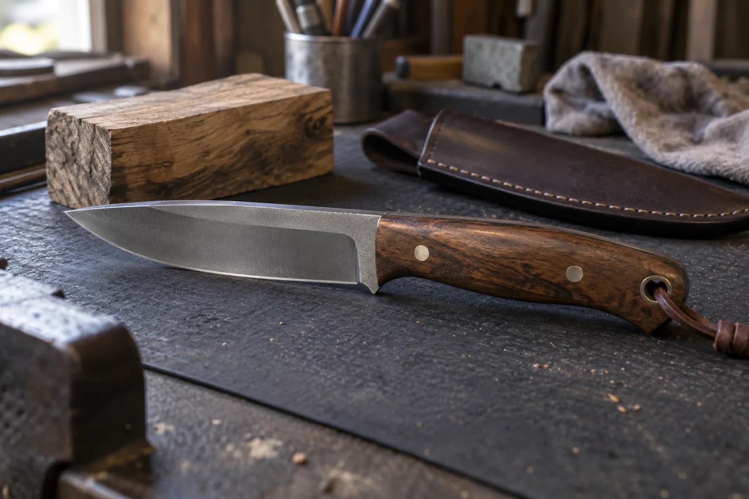 Finished camp knife with a walnut-colored handle lying on a rubber bench mat beside a wood billet and leather sheath