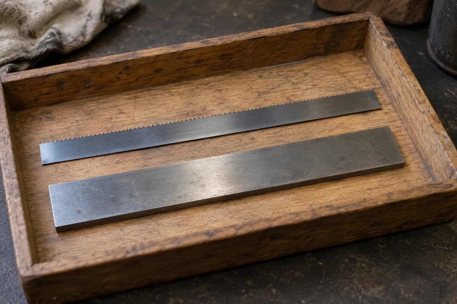 Short band-saw strip with fine teeth and a plain steel flat bar lying side by side in a worn wooden tray.