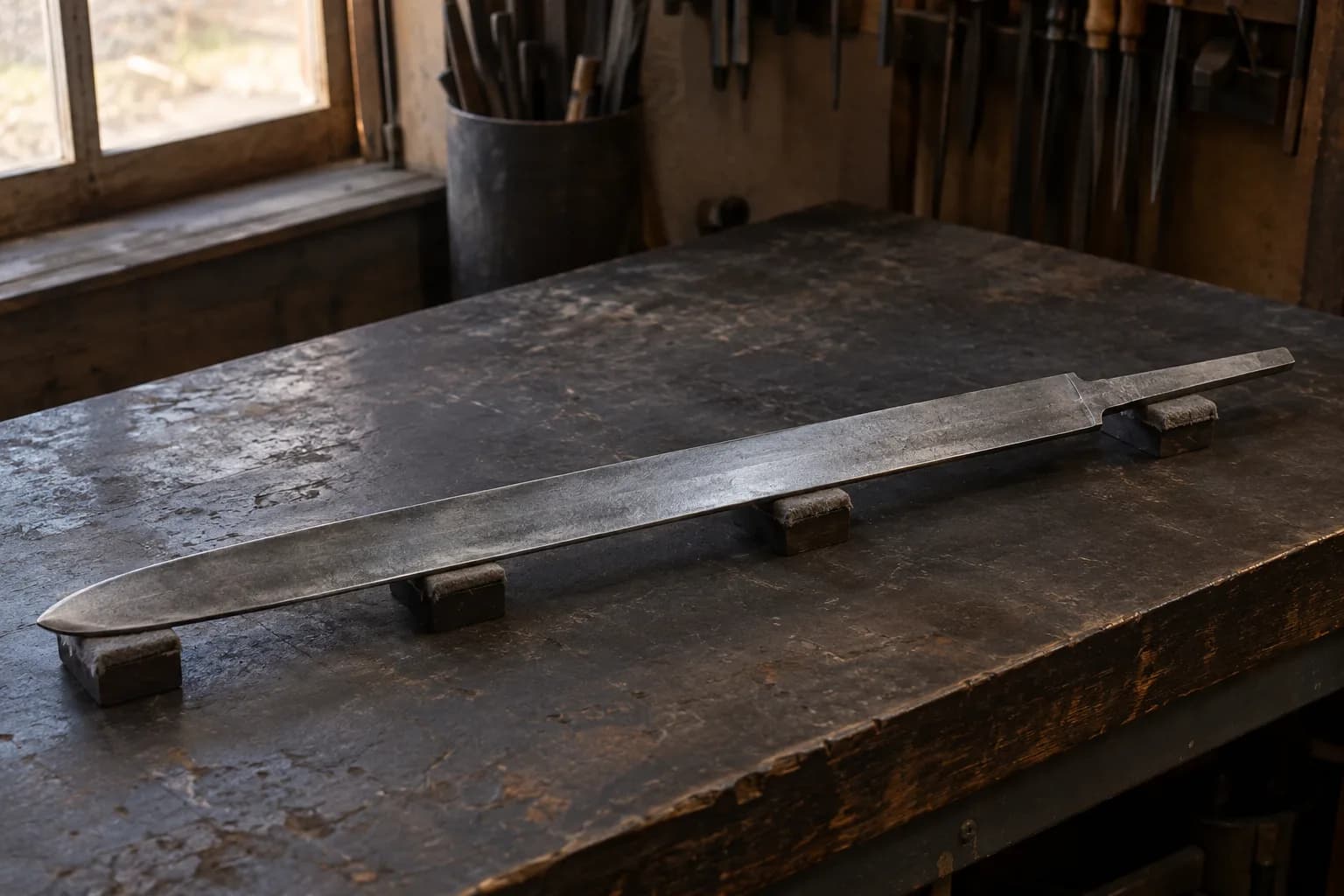 Long unfinished blade with a flat tang resting on four padded blocks across a dark scarred workbench.