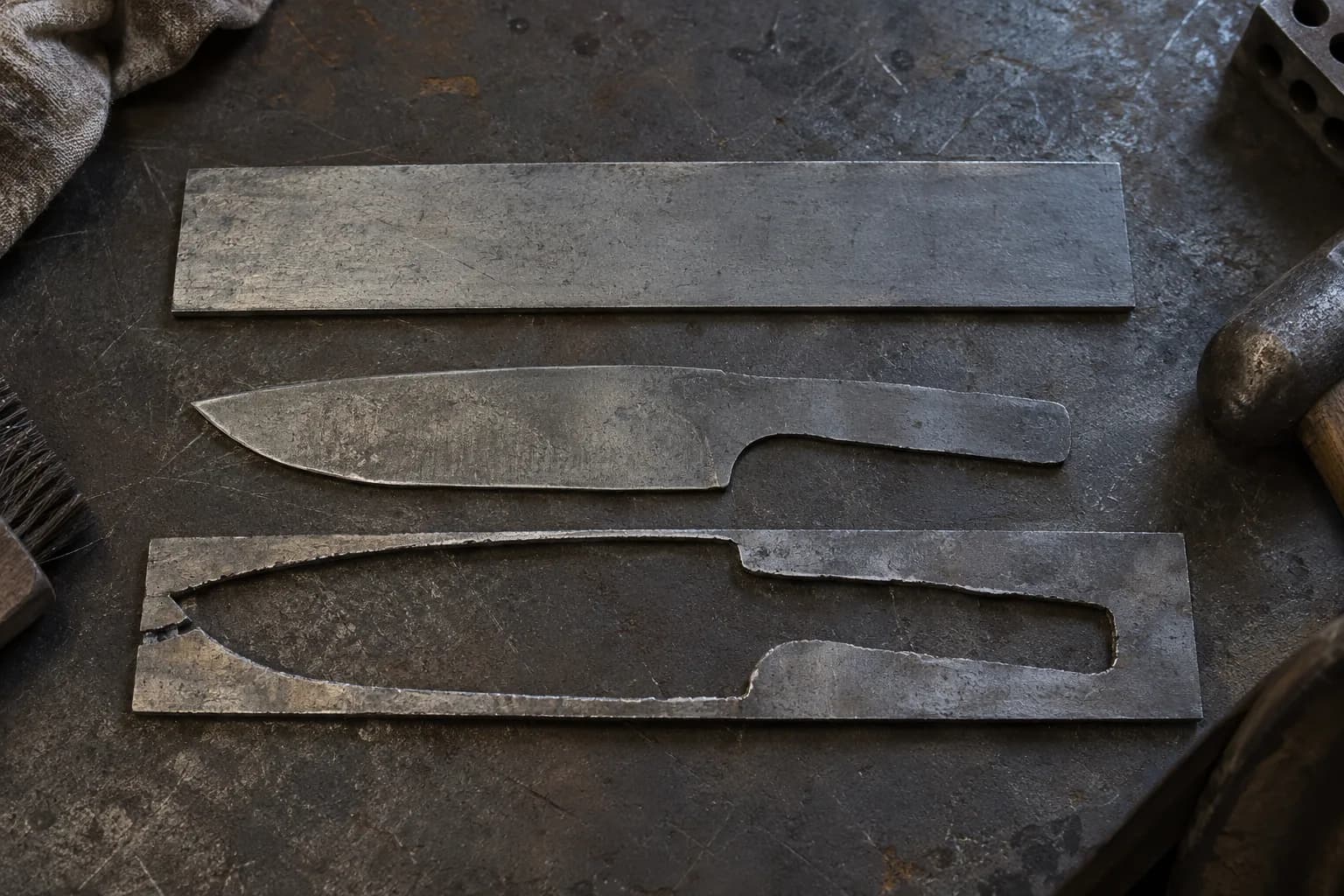 Flat steel bar, a rough knife blank and the open-profile offcut frame laid out on a dark scarred bench.