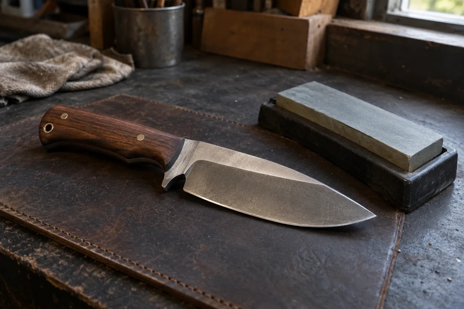 Medium fixed-blade knife with a wood handle on a stitched leather pad beside a grey sharpening stone in a black holder.