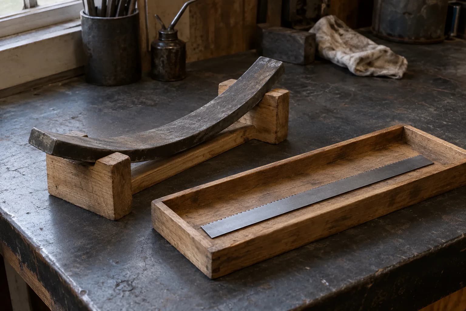 Curved steel spring segment in a wooden cradle beside a toothed saw strip lying in a wooden tray on a dark bench.