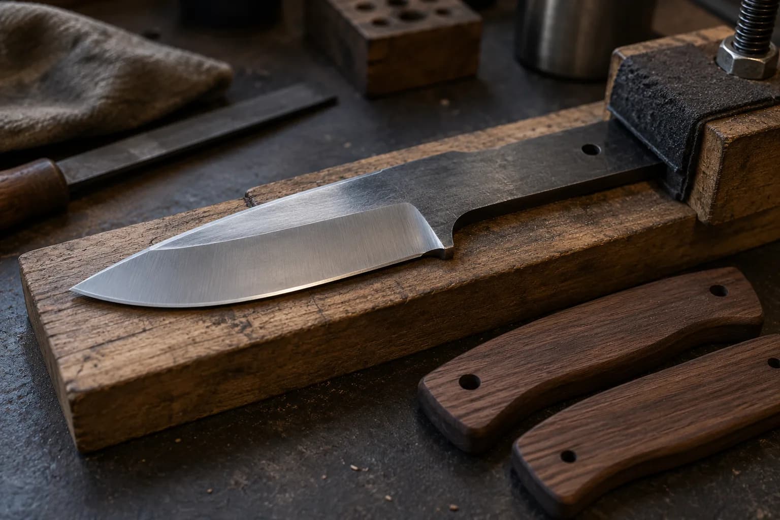 Drop-point knife blank lying on a wooden fixture, tang in a padded clamp, with two walnut handle scales beside it.