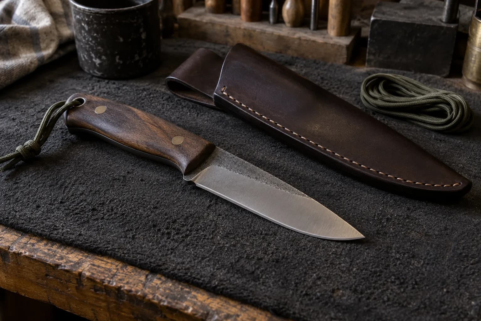 Bushcraft knife with walnut handle and cord lanyard lying on dark felt beside an empty brown leather sheath and a cord coil.