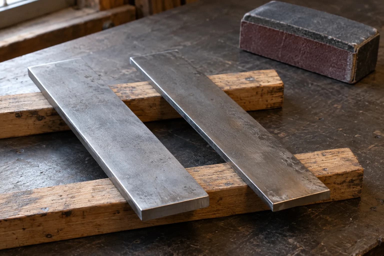 Two plain gray steel flats lying on wooden battens beside an idle sanding block on a dark workbench.