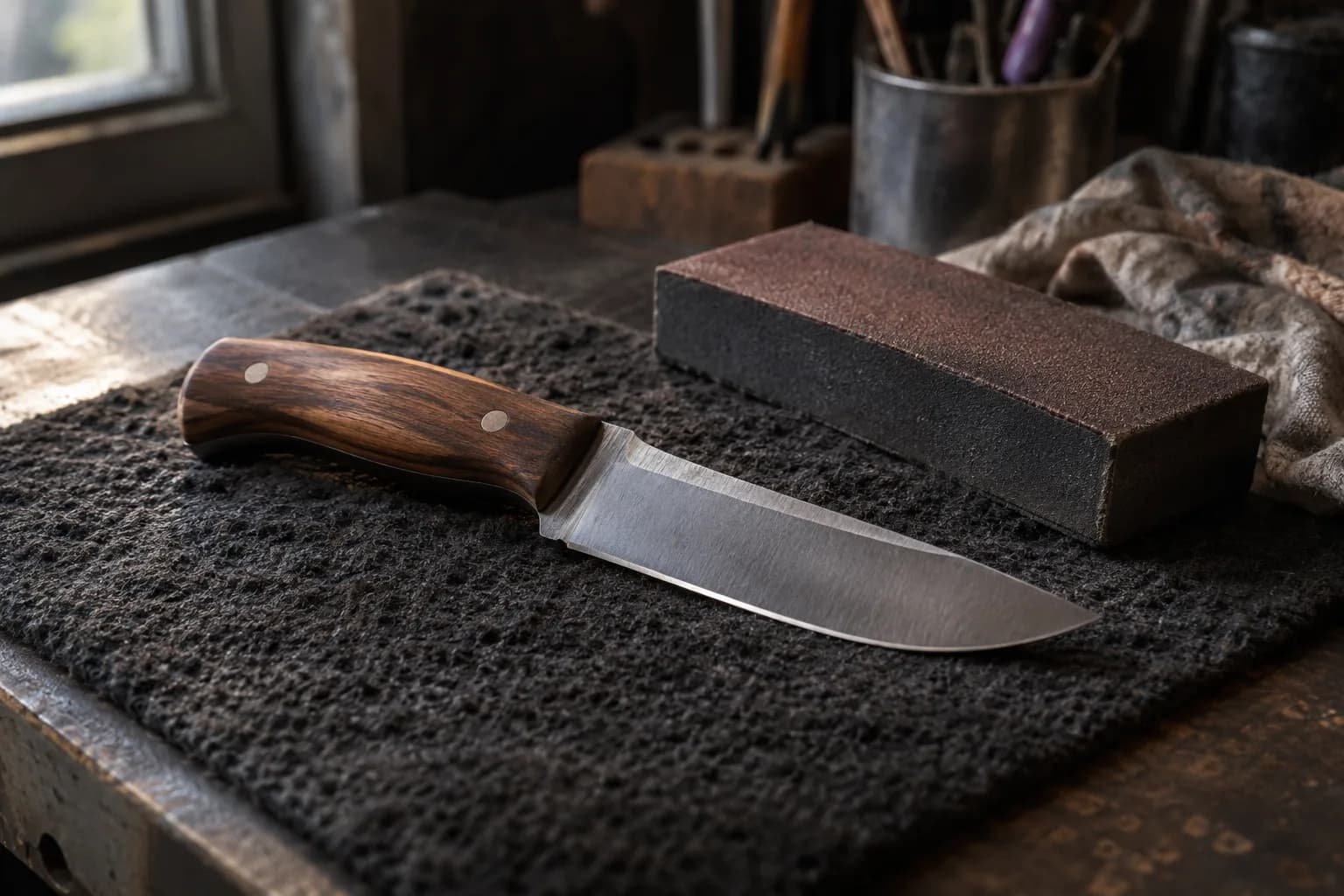 Camp knife with a pinned walnut handle and satin blade lying flat on a black pad beside an abrasive sanding block.