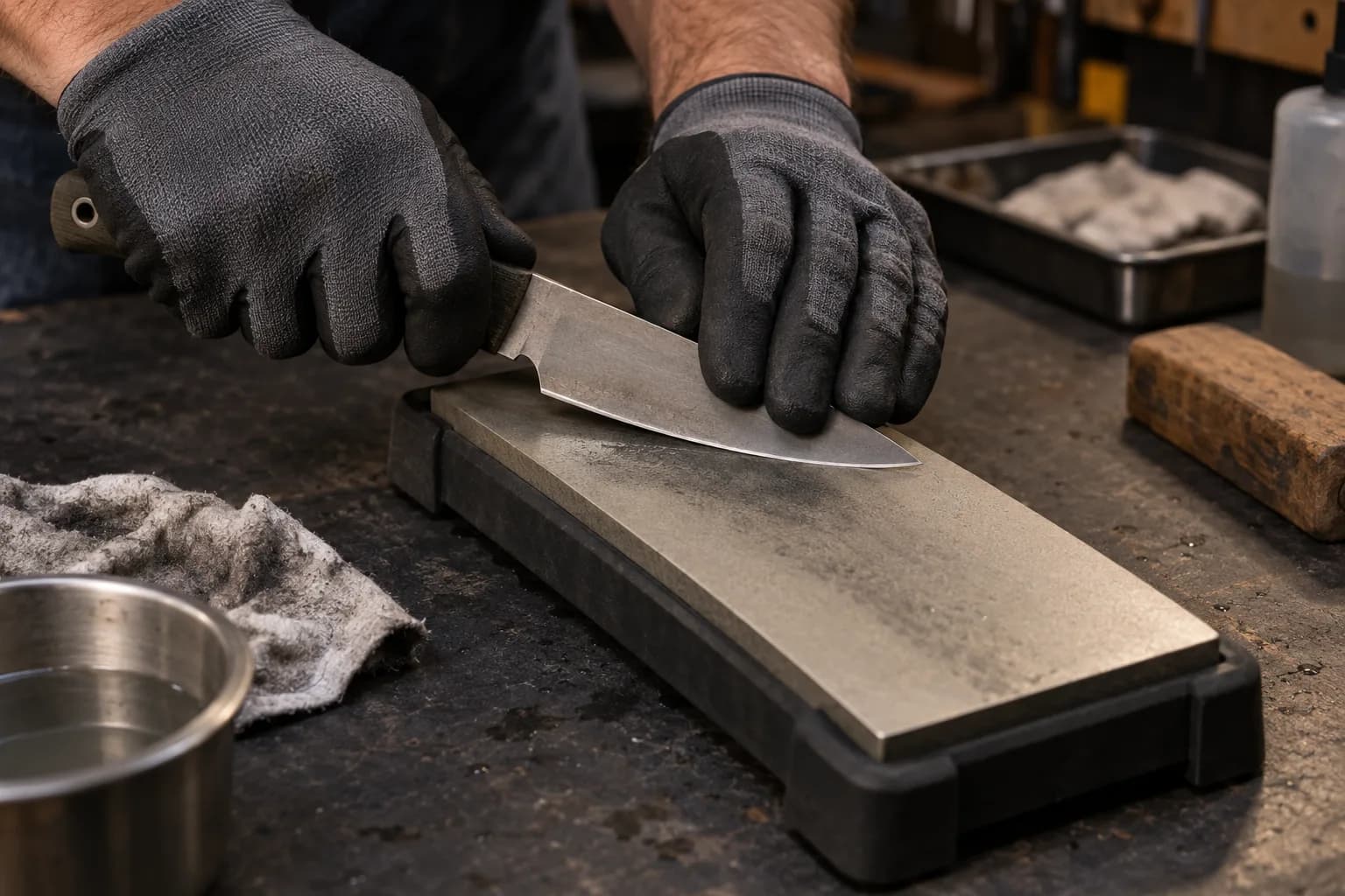 Gloved hands hold a knife edge-first on a diamond plate seated in a black nonslip holder, with a rag and water cup nearby.