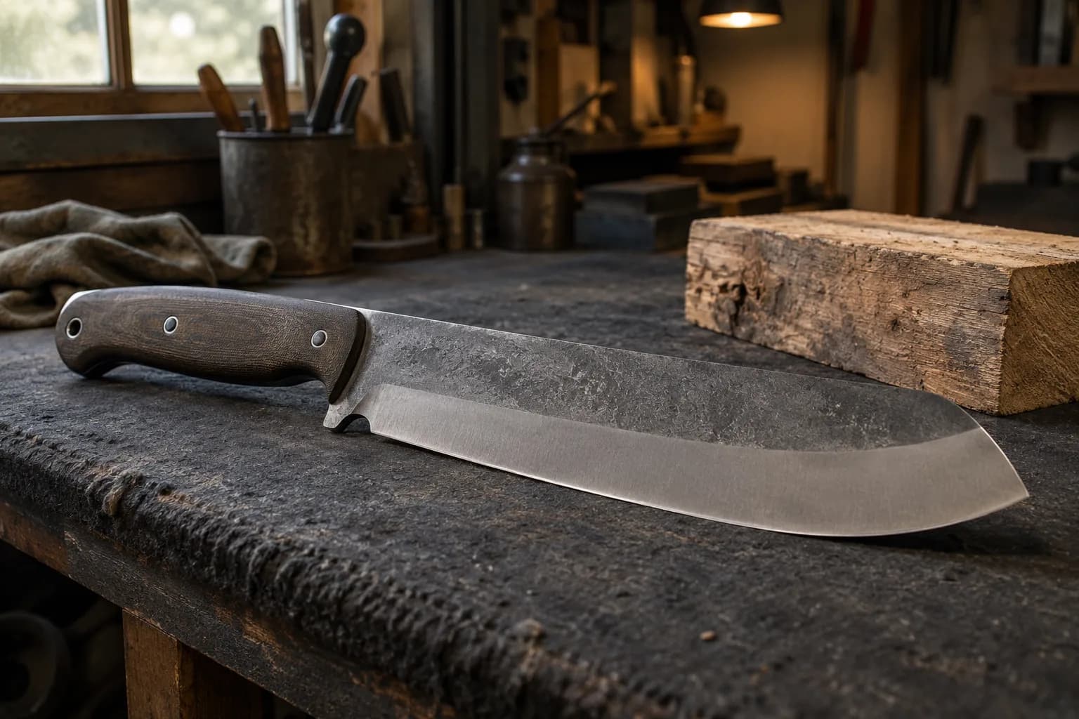 Broad pinned-handle chopper with a forged-texture blade lying flat on a thick bench pad beside a rough timber block.