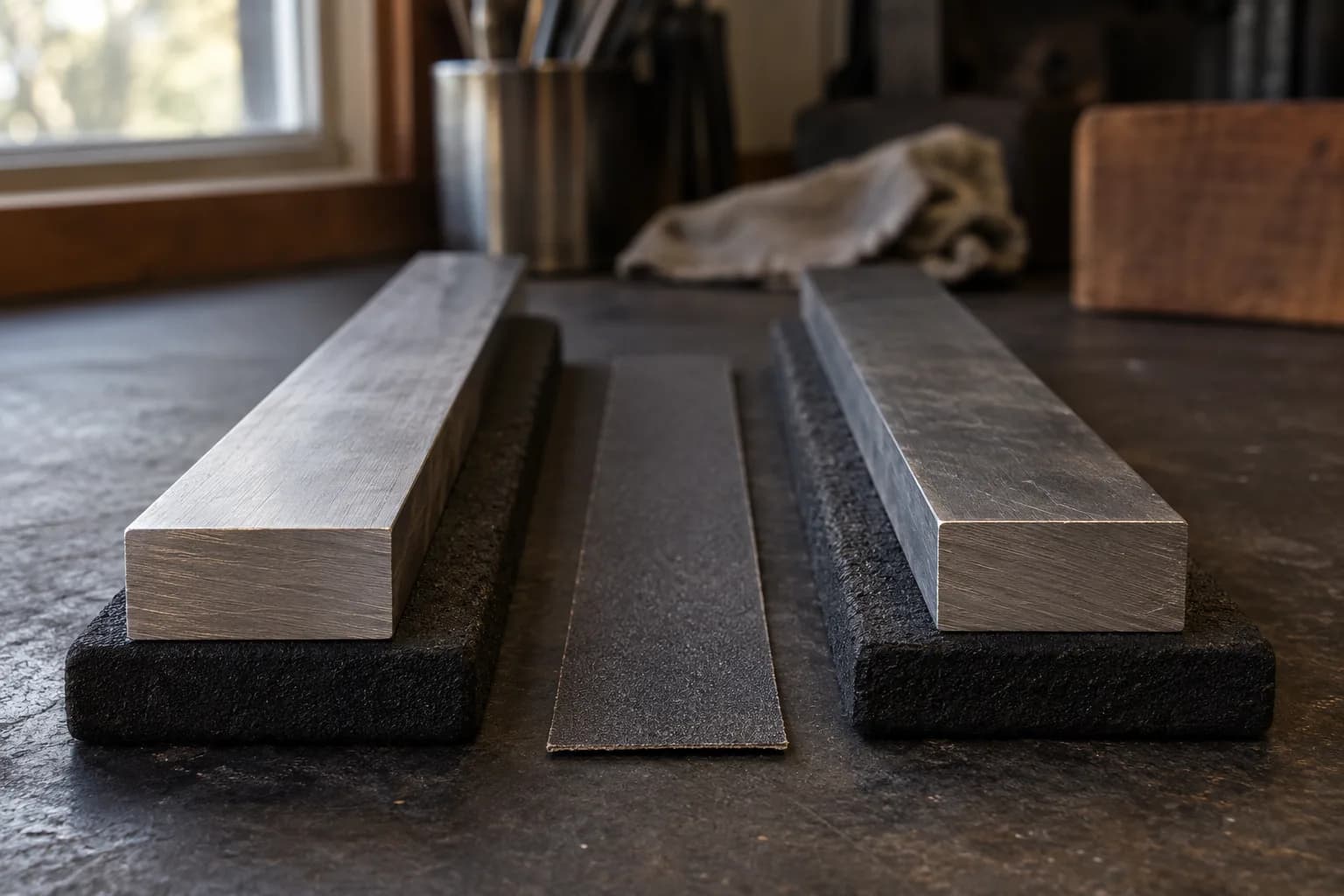 Two unmarked steel flats on separate black foam pads, cut ends toward the camera, with a sanding strip lying between them.