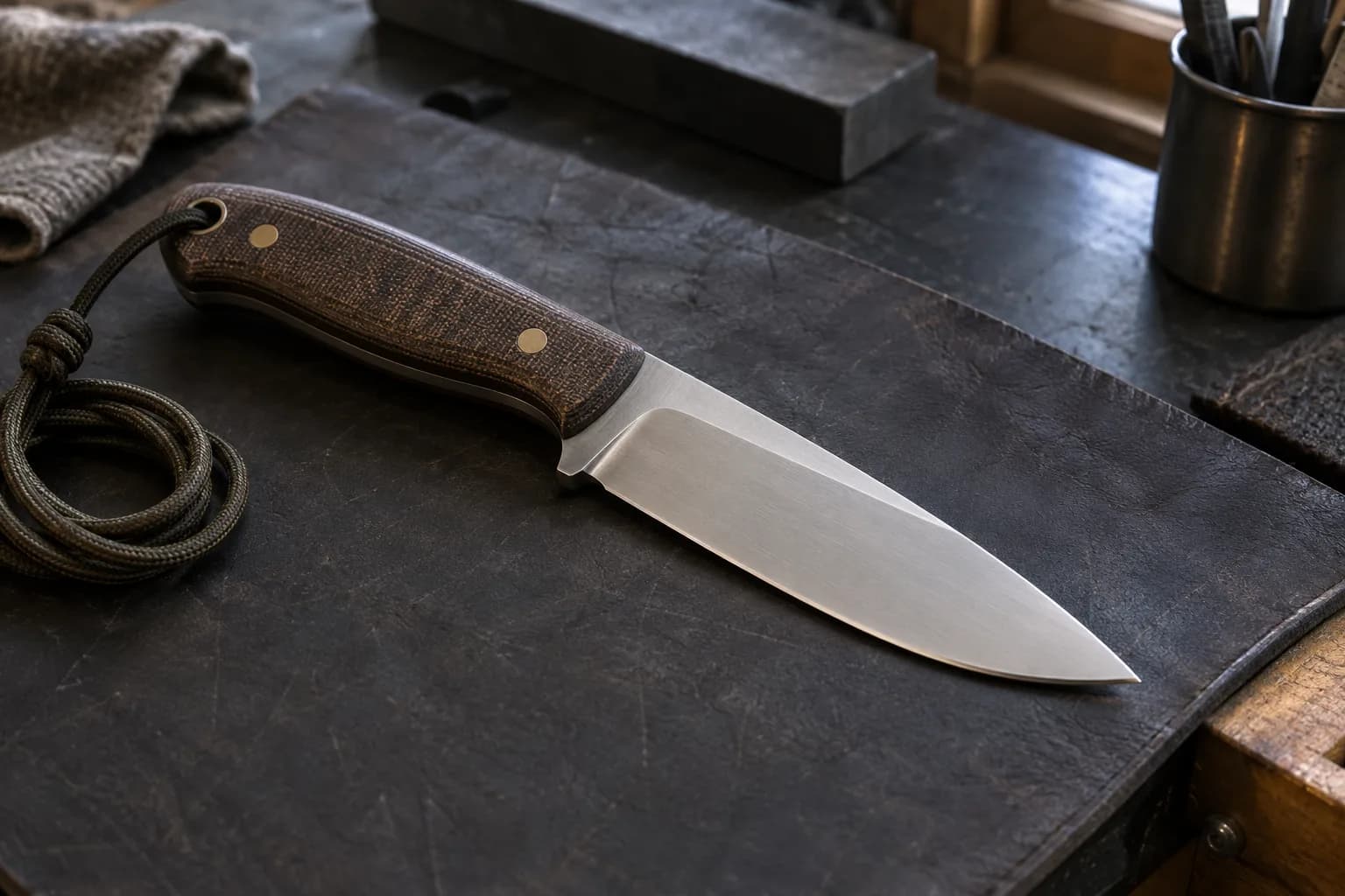 Satin-finished drop-point fixed blade with brown canvas handle and a green cord coil, lying on a dark leather pad