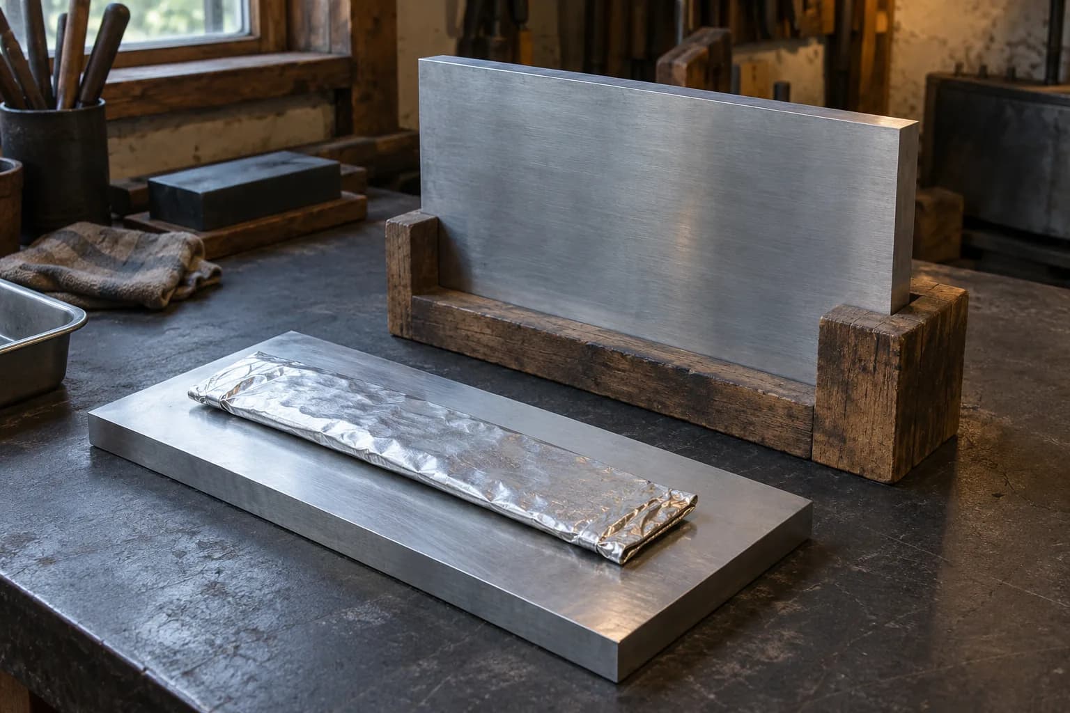 Foil-wrapped blade packet lying flat on an aluminum plate beside a second plate standing in a wooden cradle
