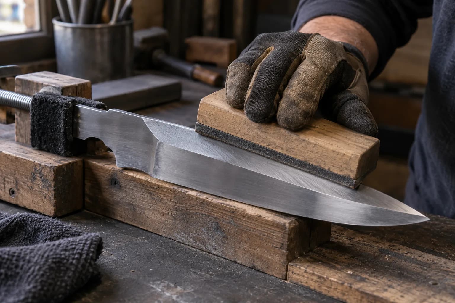 Gloved hand pressing a wooden sanding block with an abrasive strip along a steel knife blade clamped on a wooden bench
