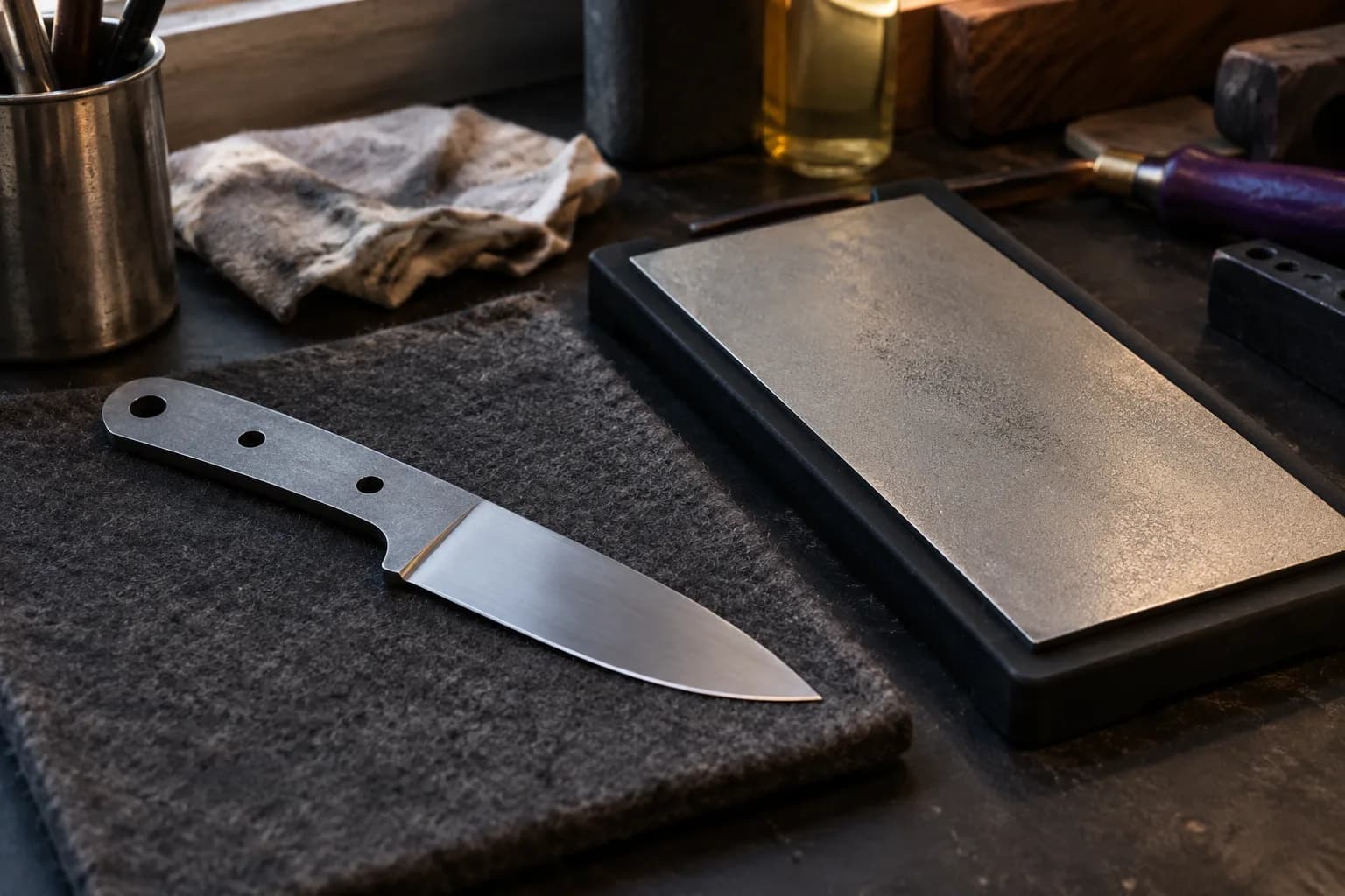 Polished knife blank with pin holes lying on a gray felt pad beside an unmarked diamond sharpening plate in a holder