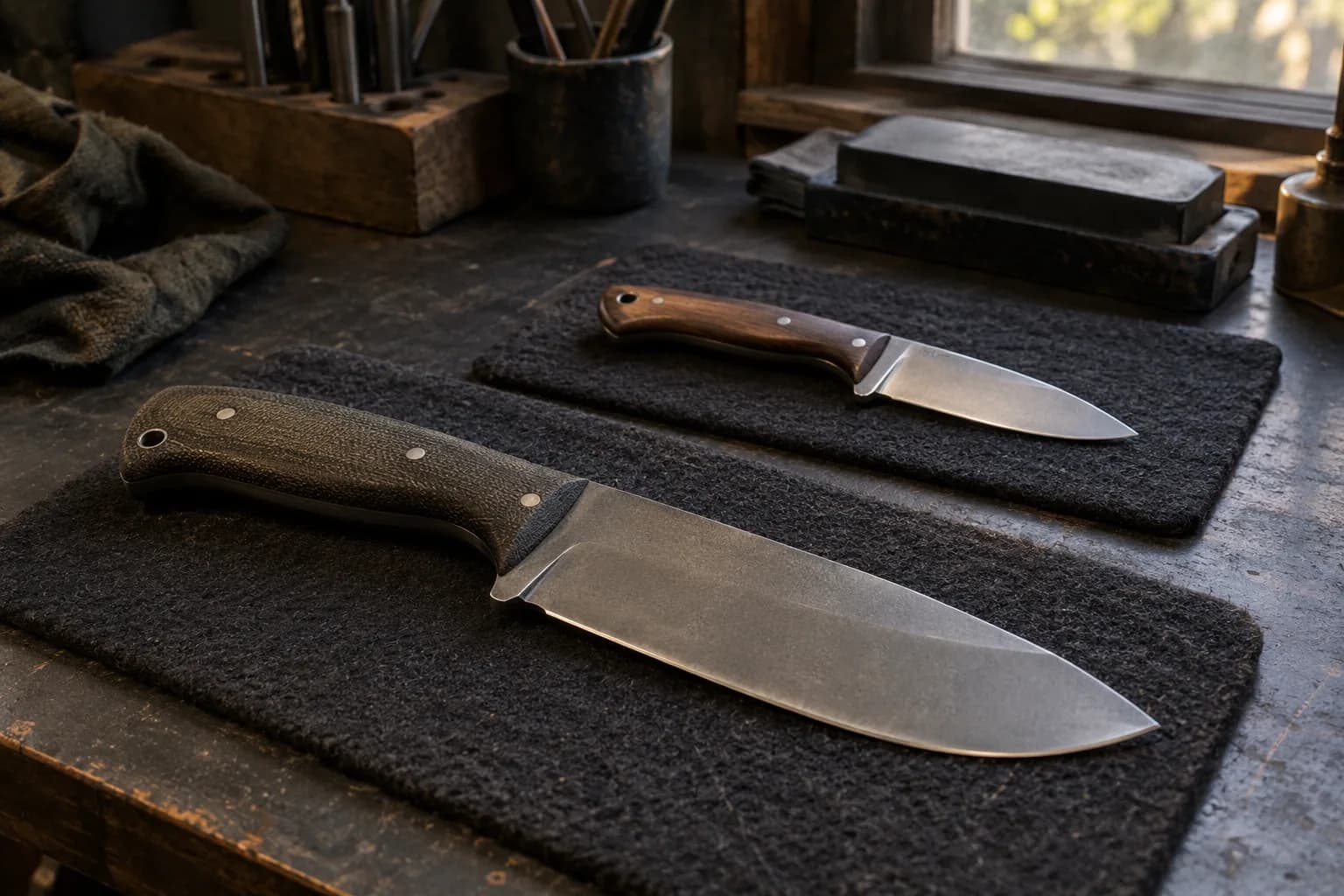 Large camp knife and a small wood-handled knife resting on separate dark felt pads on a worn bench.