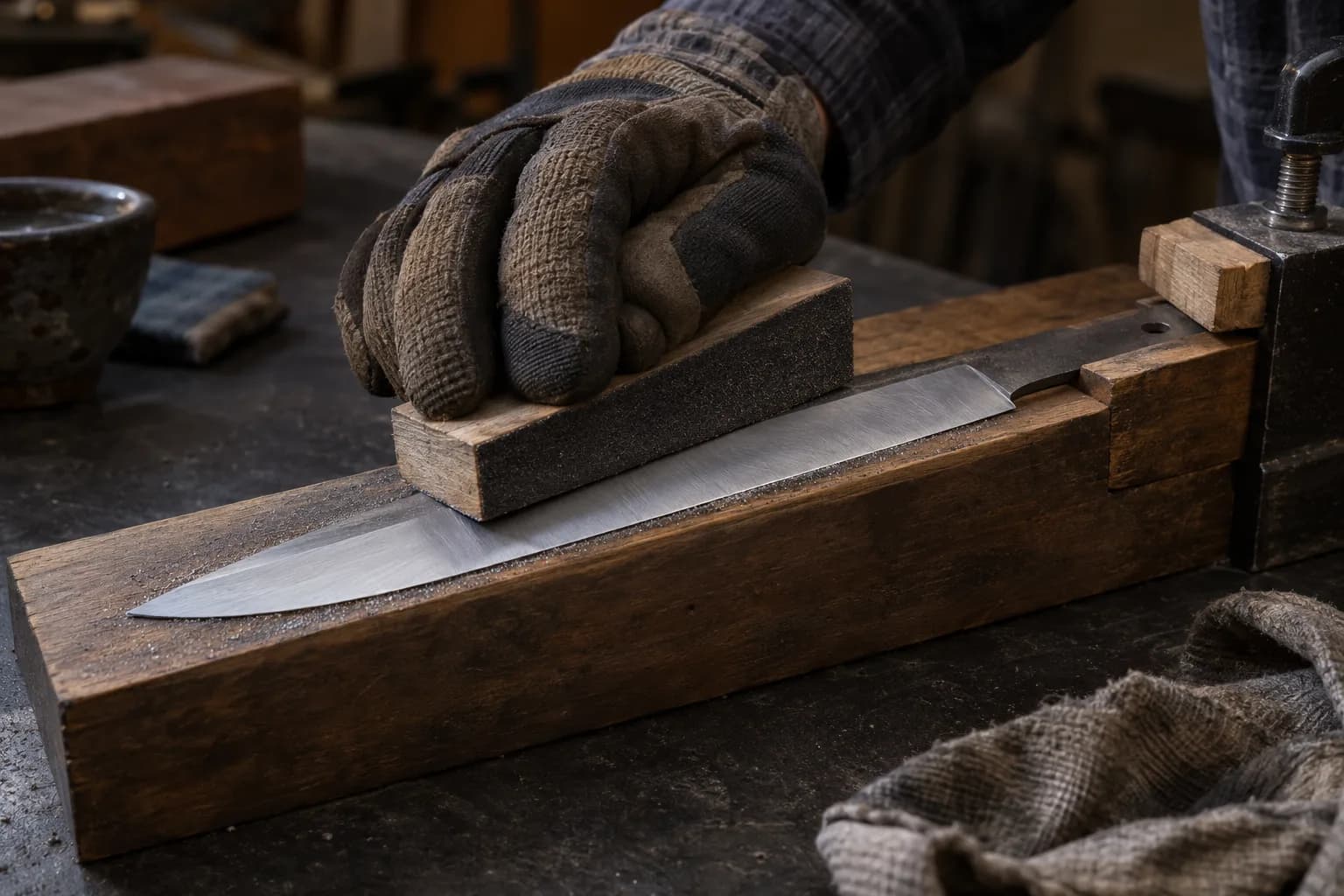 Gloved hand pushing a grit-covered wooden block along a knife blade held in a wooden-jawed vise on a plank.
