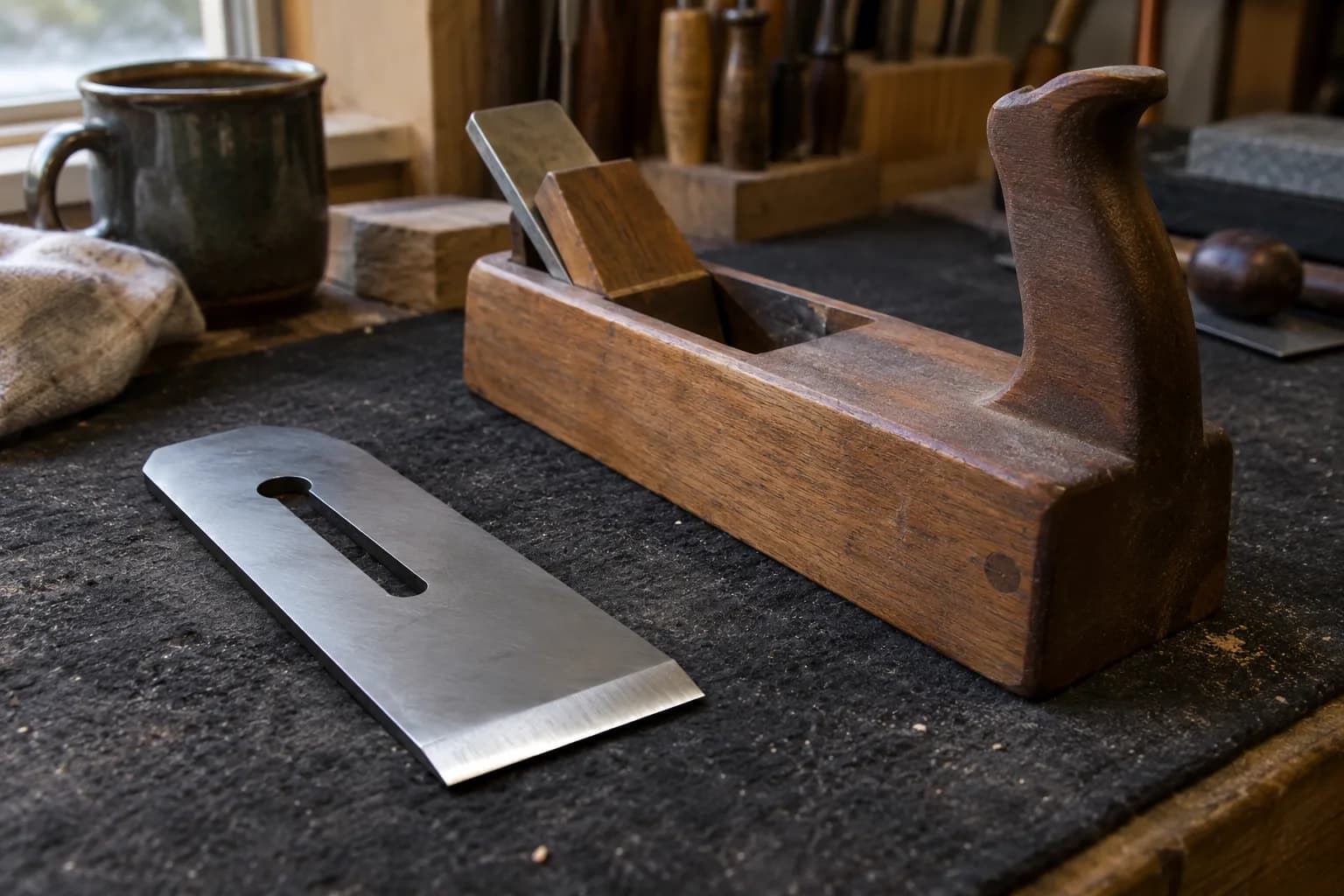 Slotted plane iron with a straight beveled edge lying flat beside a worn wooden hand plane on a dark bench pad.