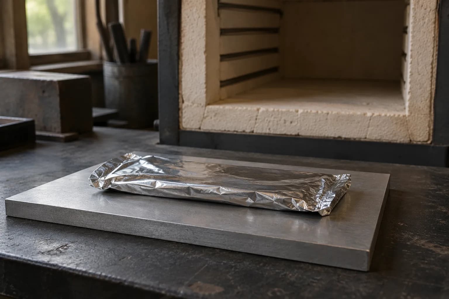 Crimped foil packet resting flat on an aluminum plate in front of an unlit brick-lined kiln on a dark bench.
