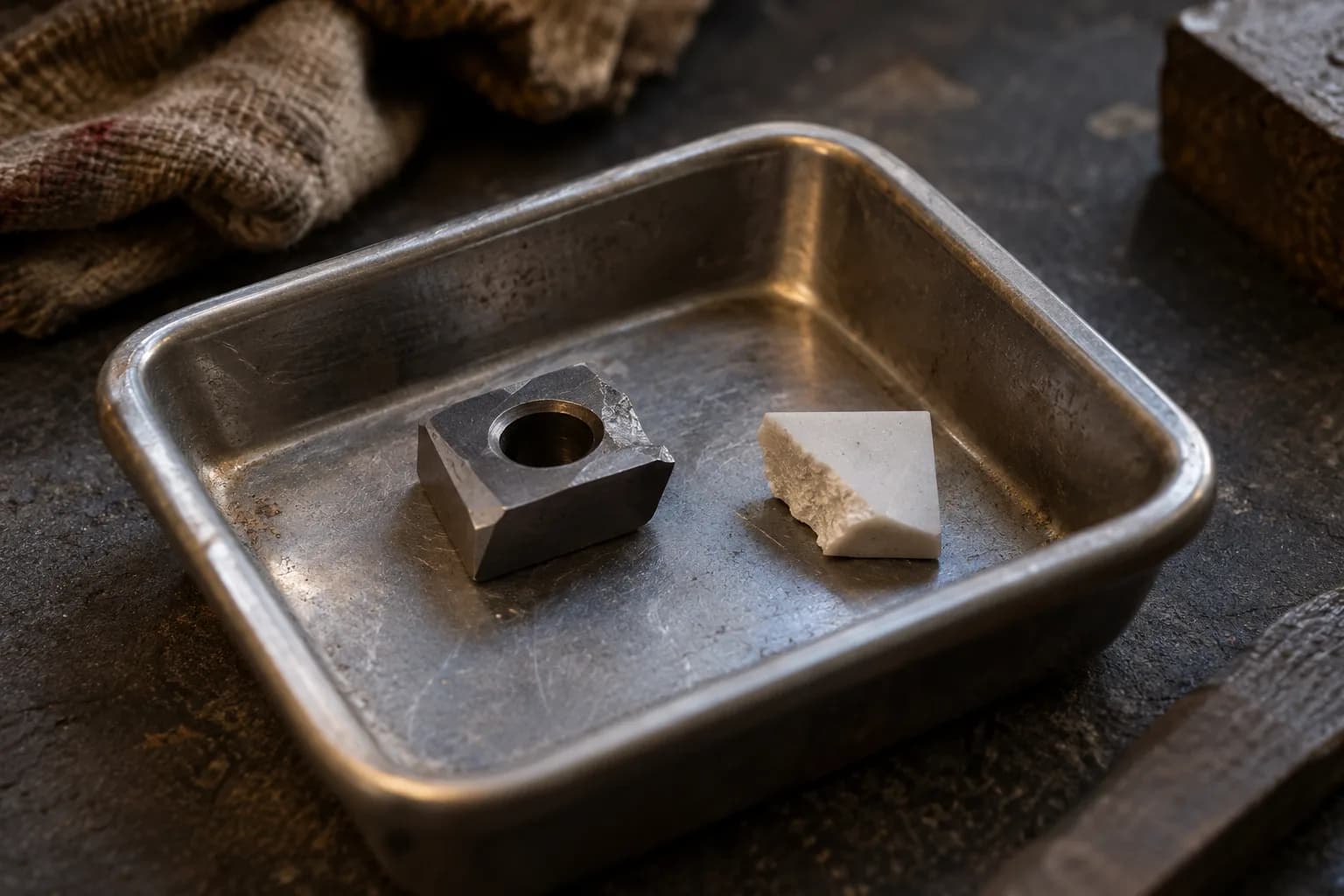 Chipped carbide cutting insert and a broken pale ceramic fragment resting in a worn steel parts tray on a dark bench.