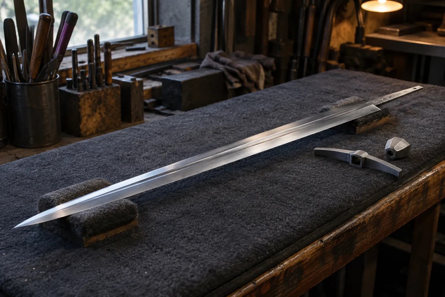 Long plain sword blade with a flat tang resting on two felt blocks beside a separate steel guard and faceted pommel.